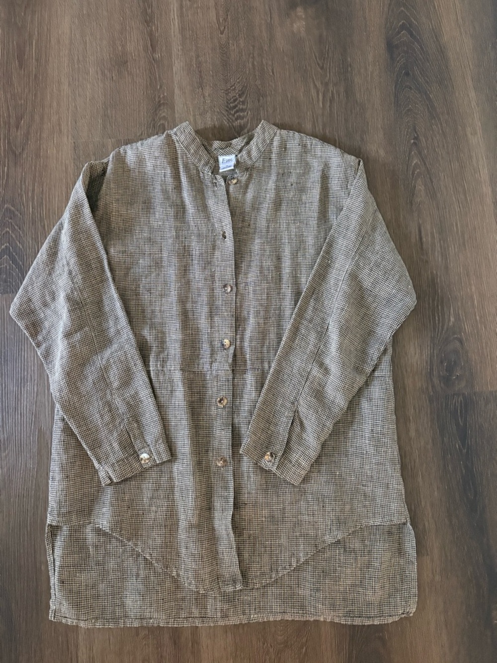 EM 100% Linen Tan Black Houndstooth Band Collar Tunic Blouse Chic Minimalist